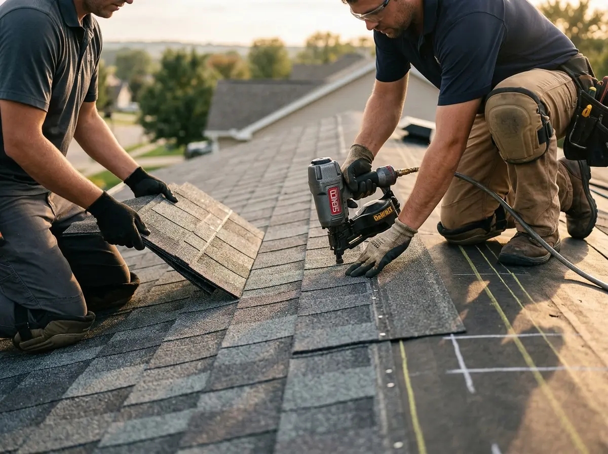 Professional roofer working on a residential roof in DeFuniak Springs
